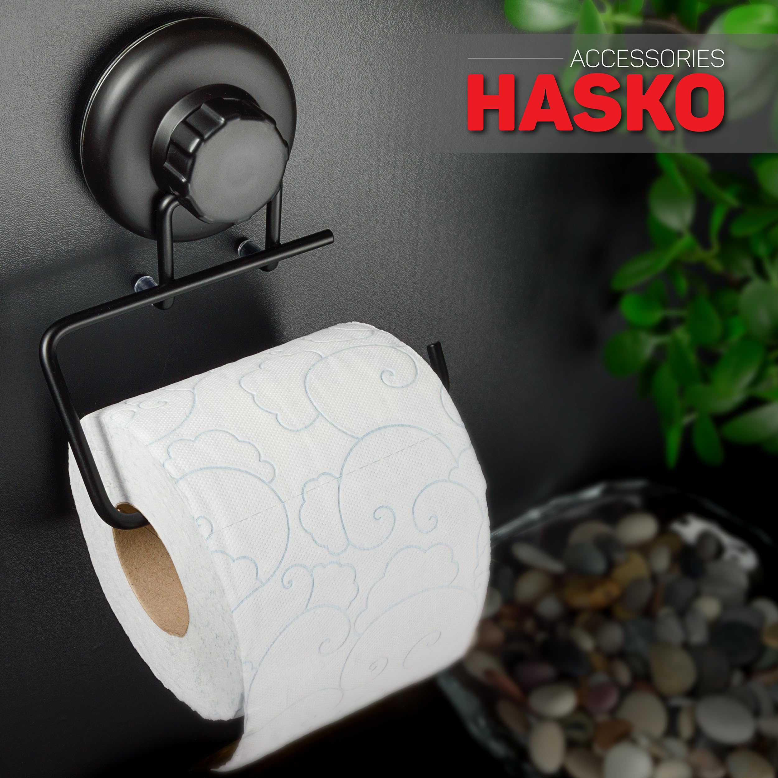 HASKO accessories - Powerful Vacuum Suction Cup Toilet Paper Holder – Wall Mount No Drilling Bathroom Stainless Steel Tissue Roll Dispenser – Adhesive 3M Stick Disc Included (Black)