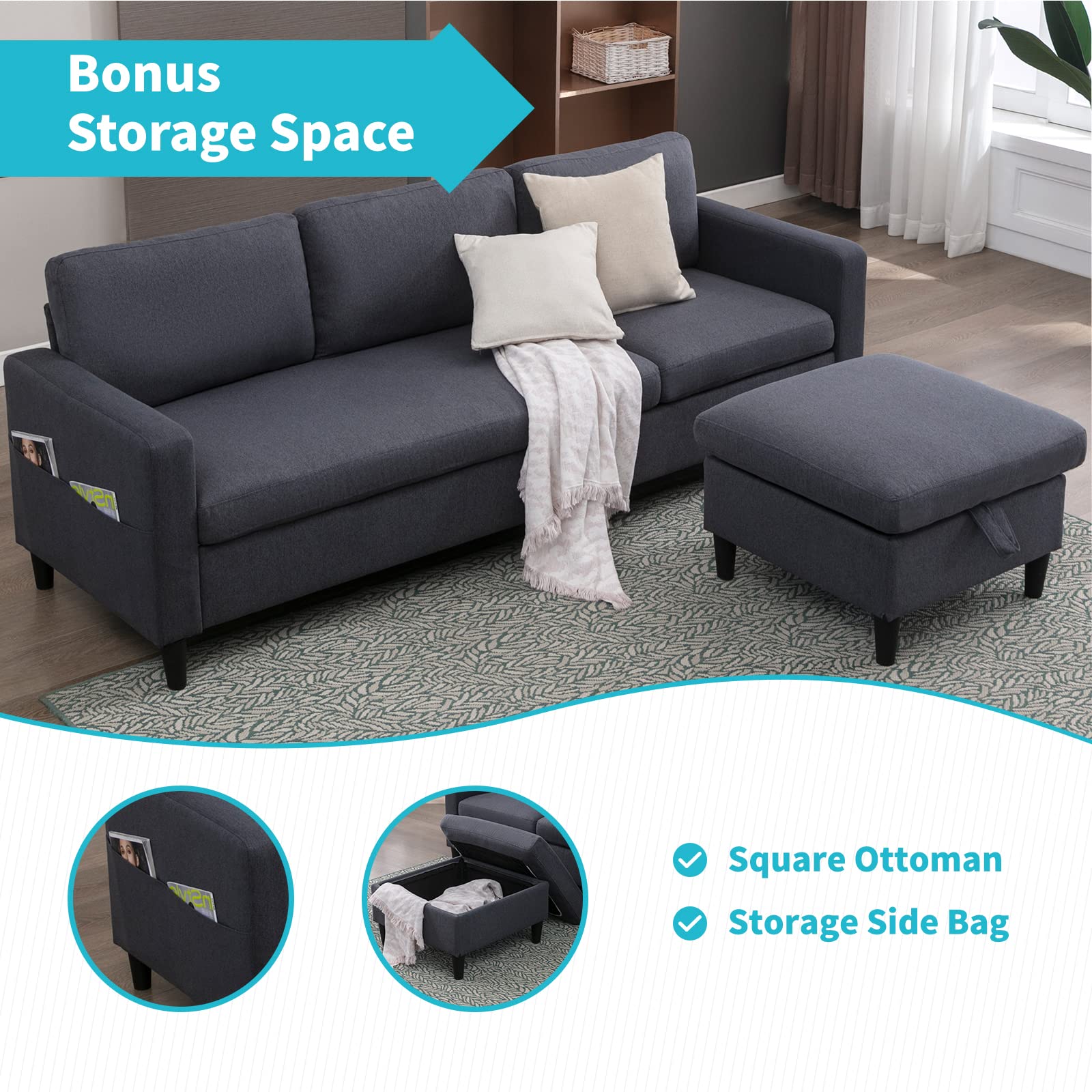 CECER 86" Convertible Sectional Sofa Couch, 3 Seaters L Shape Sofa with Movable Ottoman and Side Pockets for Storage, Linen Upholstered Sofa for Living Room, Apartment, Small Space - Dark Grey