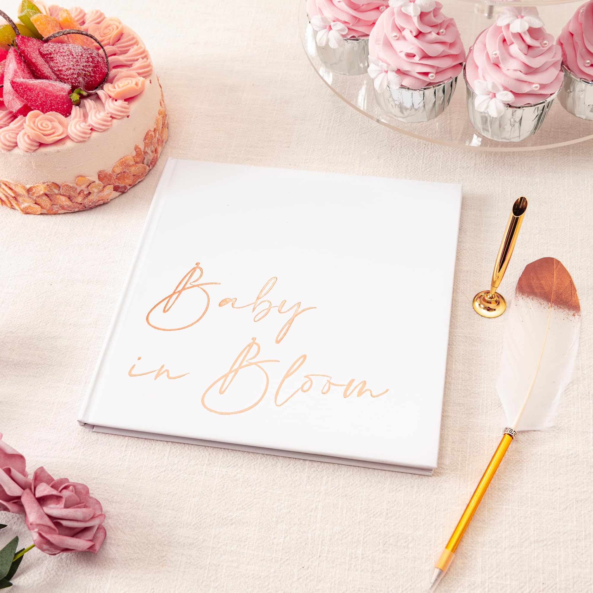 Calculs Baby in Bloom Picture Book Polaroid Baby Shower Guest Book Babies Scrapbook, White Cover, Rose Gold Foil Stamping, Blank White Pages