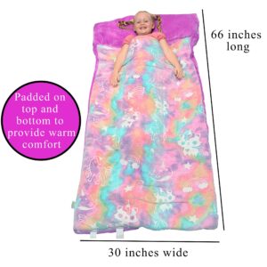 Rainbow Sleeping Bag Glow in The Dark Unicorn Slumber Bag for Girls - Plush Glowing Girly Nap Mat for Kids- Narwhal & Kitticorn Pink Large 66in x 30in Warm Sleeping Blanket Pad for Girls