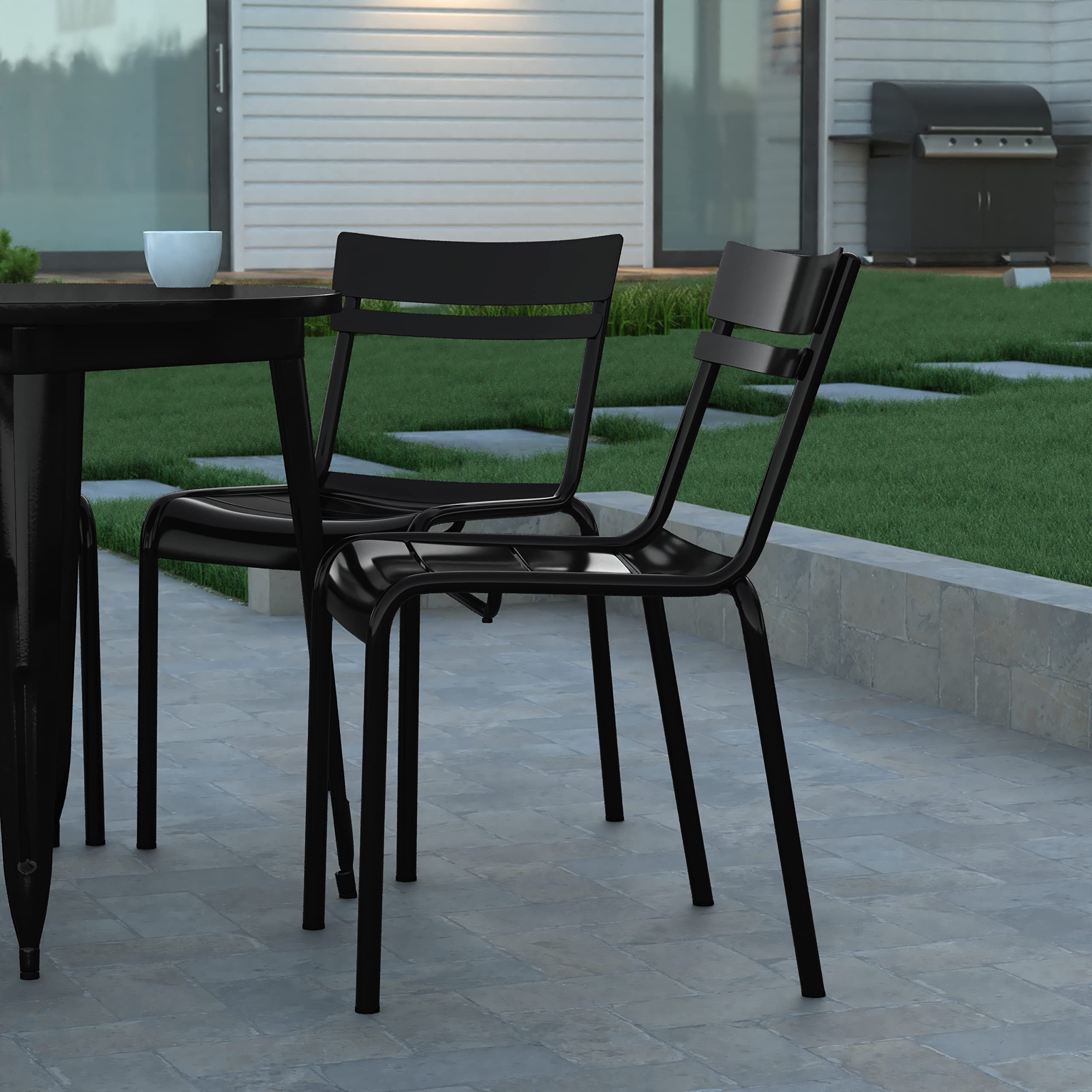 EMMA + OLIVER Rennes Armless Stacking Dining Chair - Indoor/Outdoor 2-Slat Chair with Powder Coated Frame - Black