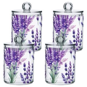 ALAZA 2 Pack Qtip Holder Dispenser for Cotton Ball Purple Lavender Bouquet 1 Cotton Swab Cotton Round Pads Clear Plastic Acrylic Jar Set Bathroom Canister