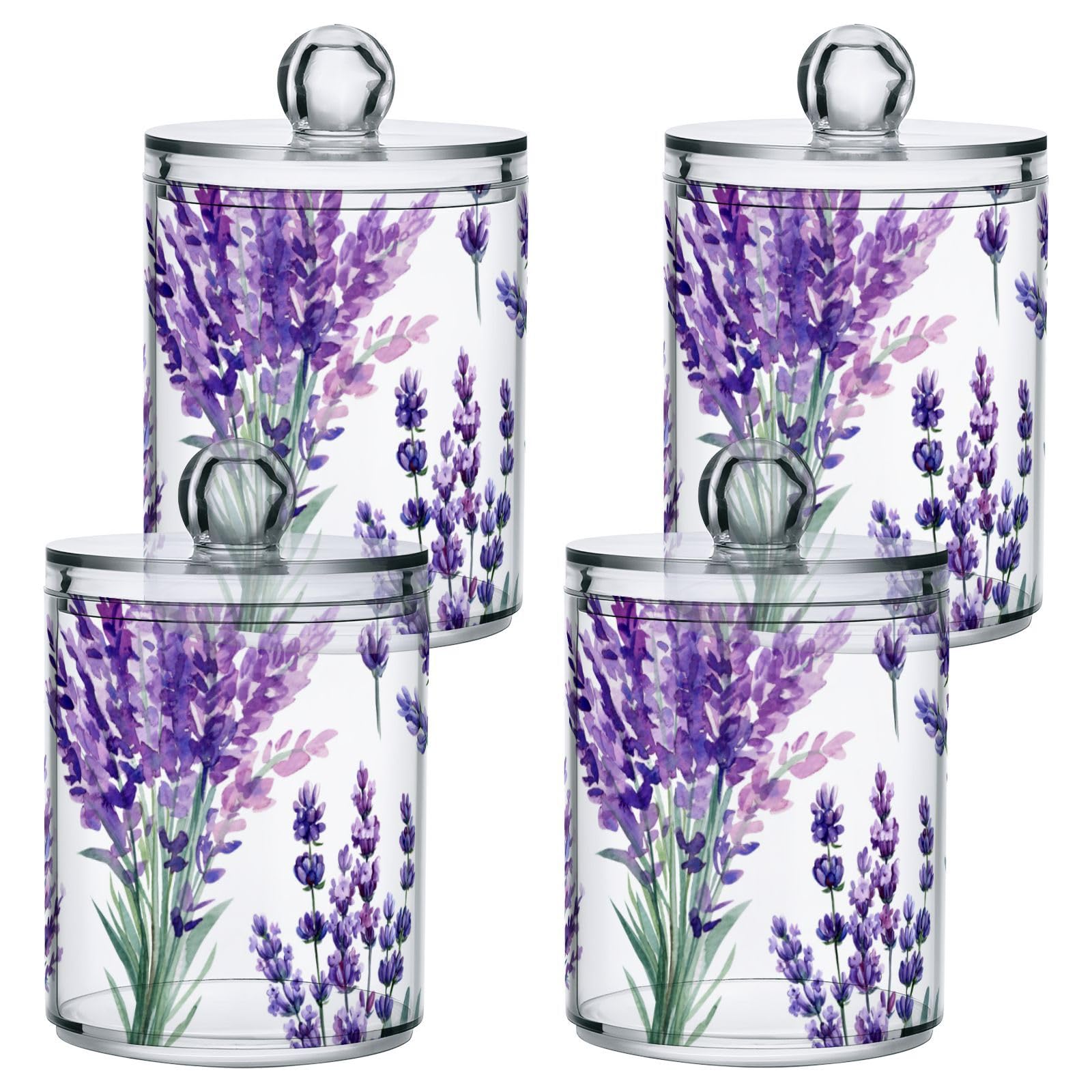 ALAZA 2 Pack Qtip Holder Dispenser for Cotton Ball Purple Lavender Bouquet 1 Cotton Swab Cotton Round Pads Clear Plastic Acrylic Jar Set Bathroom Canister