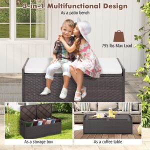 HAPPYGRILL 34 Gallon Patio Storage Bench Deck Box, 3-in-1 Rattan Wicker Storage Box with Seat Cushion & Zippered Protective Liner, Effort-Saving Gas Strut