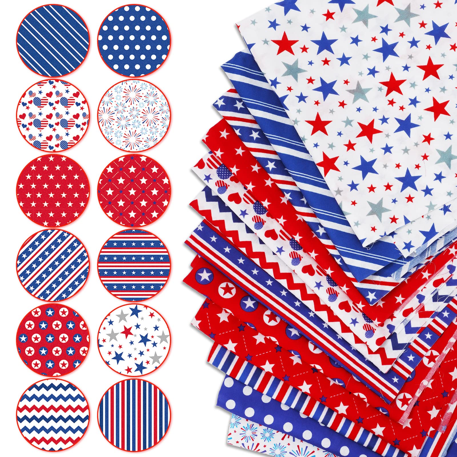 Whaline 12Pcs Patriotic Cotton Fabric Bundles 18 x 22 Inch Star Firework Fat Quarters 4th of July Quilting Patchwork Squares Independence Day Sewing Fabrics for DIY Handmade Crafting Home Party Decor