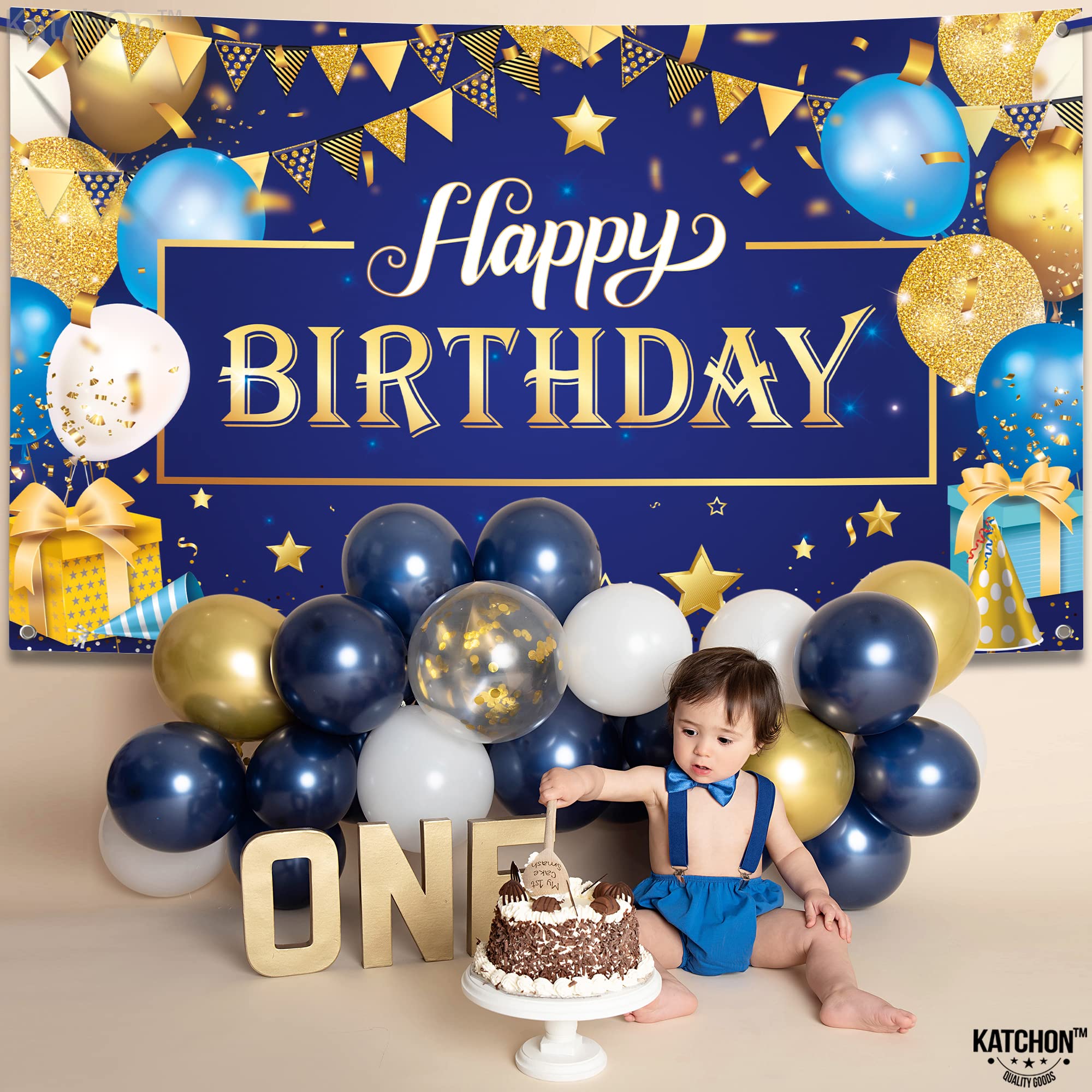 KatchOn, XtraLarge Gold and Blue Happy Birthday Banner - 72x44 Inch | Happy Birthday Backdrop for Men | Blue and Gold Birthday Backdrop for Happy Birthday Decorations | Blue Birthday Banner for Men