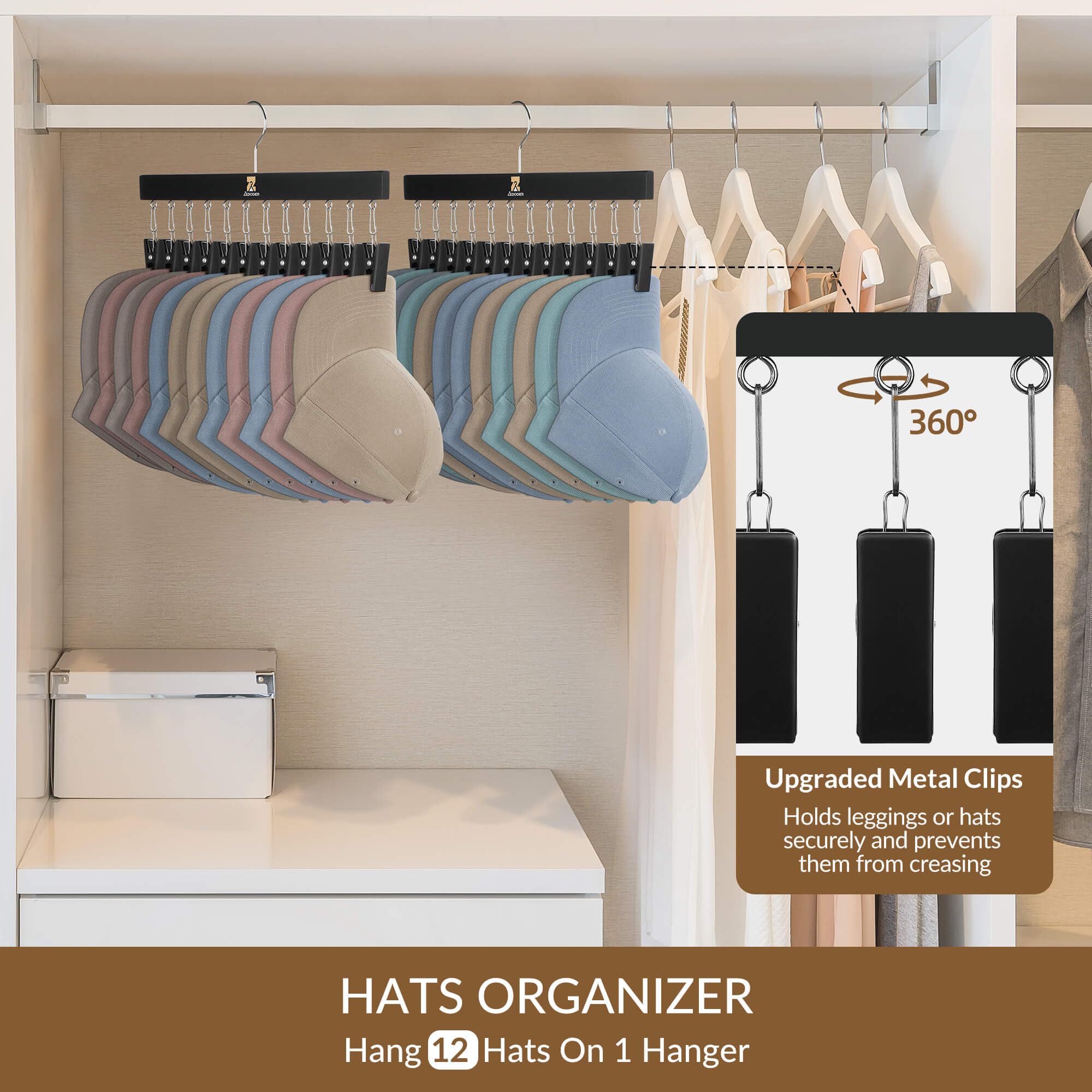 ZEDODIER Legging Organizer, 2 Pack Pants Hangers Hat Racks with Clips, Holds 24 Leggings, Hats, Pants, Jeans, Scarves, Hanging Space Saving Holder for Closet Organizers and Storage, Black