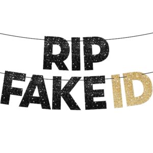 katchon, glitter rip fake id banner black and gold - prestrung, 10 feet | finally 21 banner for golden 21st birthday decorations for him | happy 21st birthday banner for happy birthday decorations