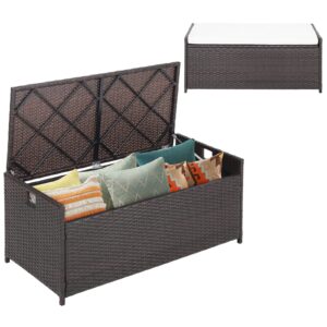 happygrill 34 gallon patio storage bench deck box, 3-in-1 rattan wicker storage box with seat cushion & zippered protective liner, effort-saving gas strut