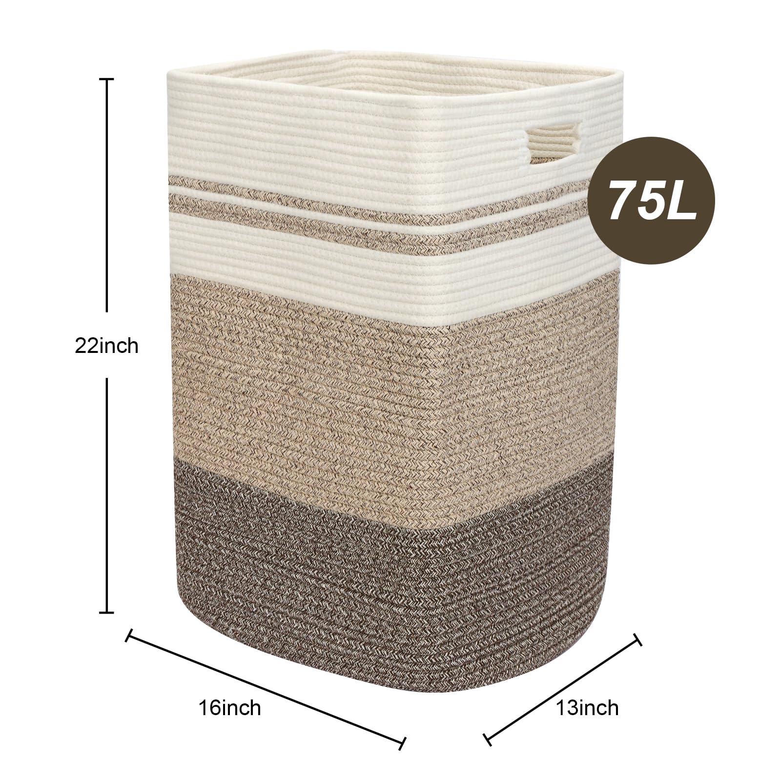 Fixwal Laundry Basket, 75L Rope Basket, 16x13x22 Inches Storage Baskets, Large Woven Laundry Hamper for Living Room, Toys, Towels, Clothes Baby Nursery Bin, Gradient Brown