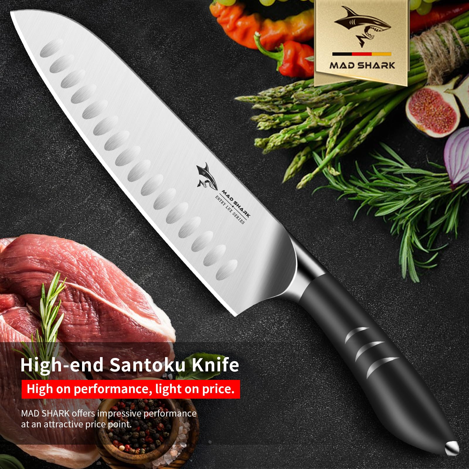 MAD SHARK Santoku Knife 8 Inch Chef Knife Ultra Sharp Asian Kitchen Knife, Forged High Carbon German Steel, Ergonomic Handle Design, Best Christmas Gifts for Women Men, Black