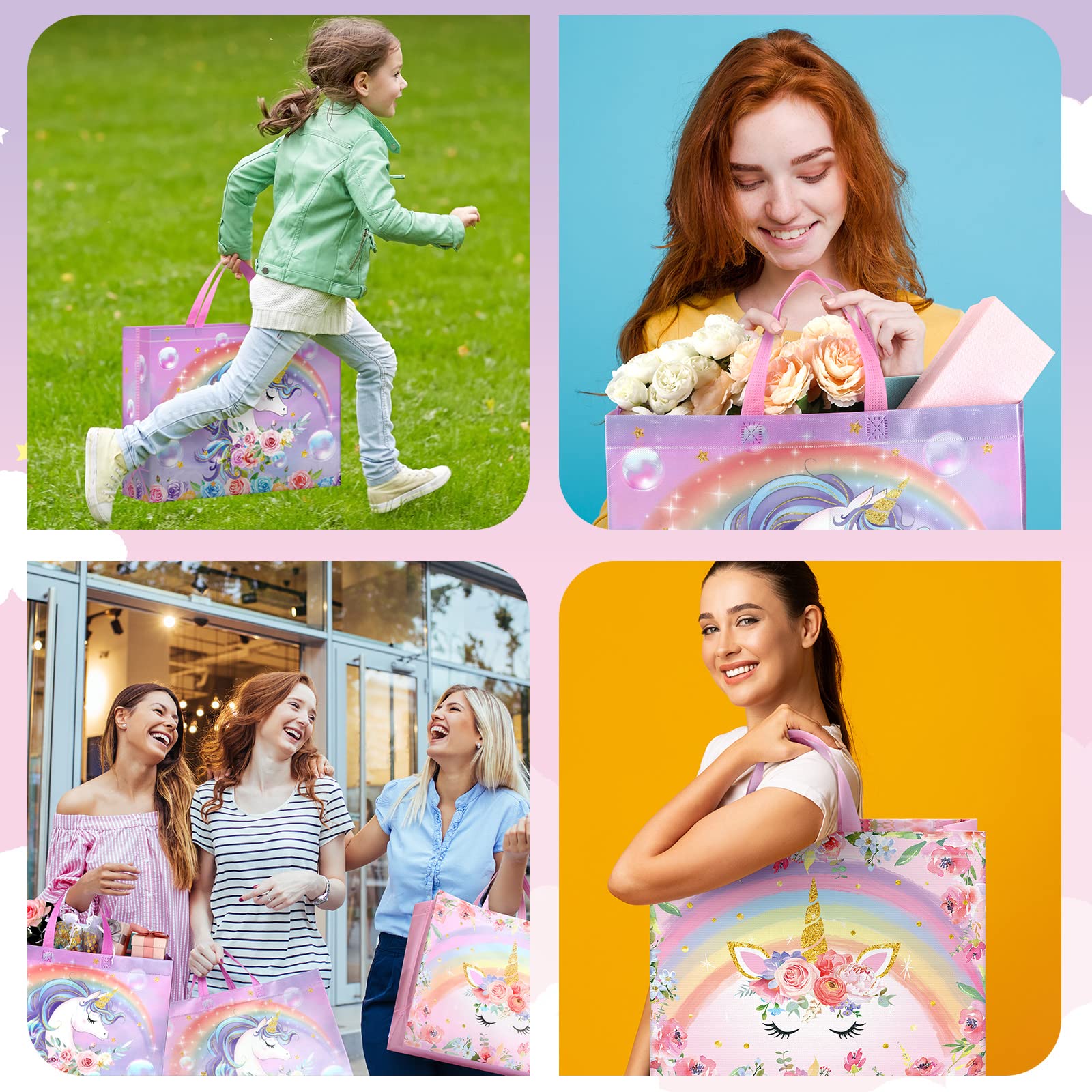 Sweetude 6 Pcs Unicorn Large Gift Bags 16inch Birthday Tote Bag with Handles Reusable Non Woven Shopping Bag for Party Favor(Unicorn)