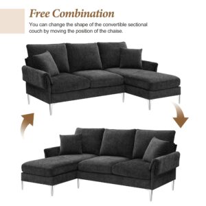 Bellemave L Shaped Sectional Sofa Couch with Reversible Chaise, Small Couches for Living Room, Mid Century Modern Convertible Modular Sectional Sofa Set with 2 Pillows, Apartment Furniture, Black