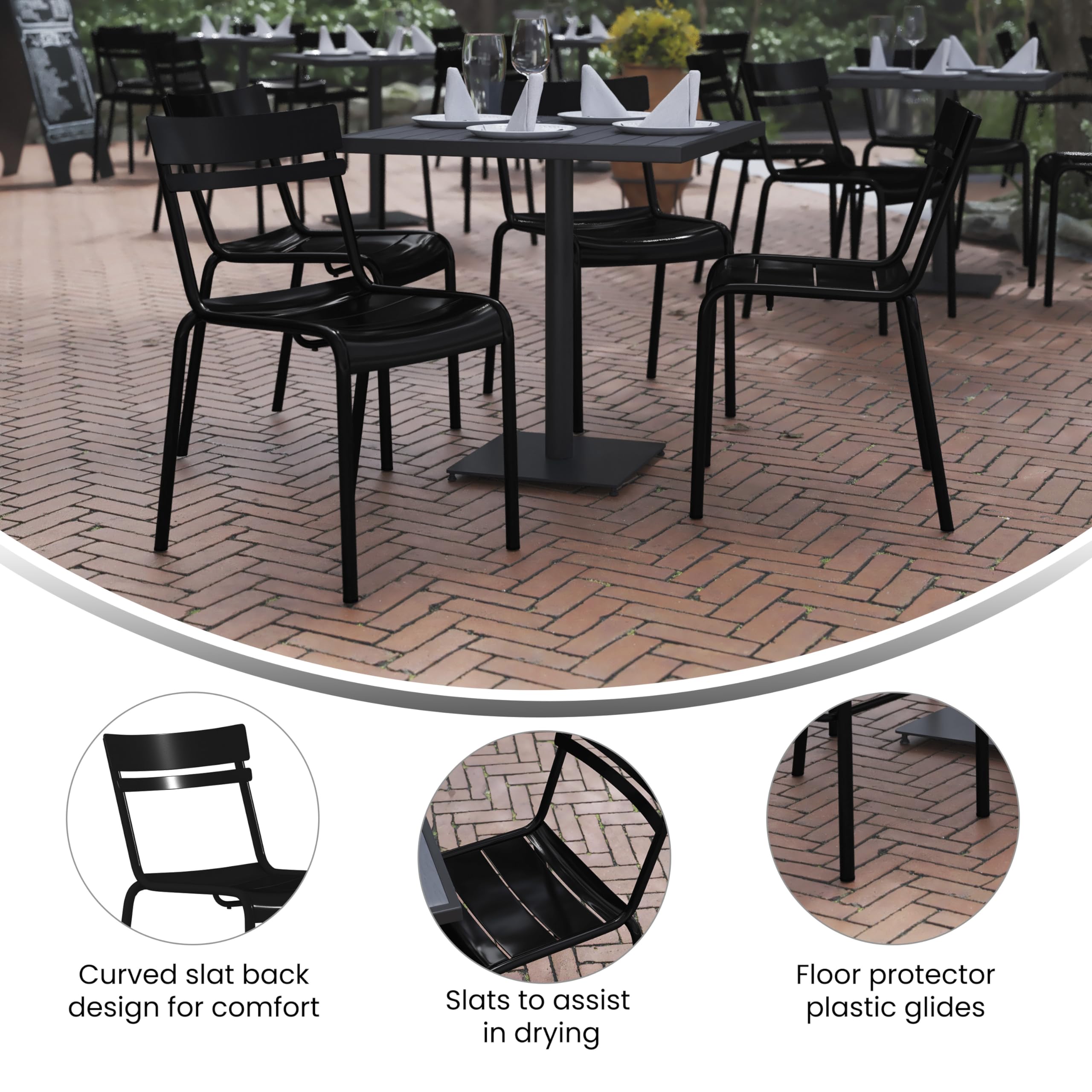 EMMA + OLIVER Rennes Armless Stacking Dining Chair - Indoor/Outdoor 2-Slat Chair with Powder Coated Frame - Black