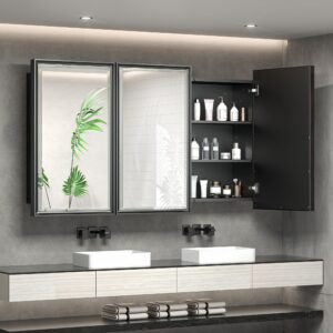 tokeshimi 48x30 medicine cabinet bathroom vanity mirror black metal framed recessed or surface wall mounted with aluminum alloy beveled edges design 3 doors for modern farmhouse