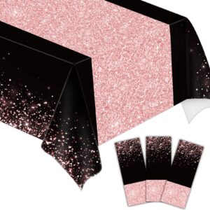 3pcs black rose gold party tablecloths 108x54 inch rose gold sequin printed plastic table cover glitter diamonds happy birthday decoration supplies for wedding graduation anniversary indoor outdoor