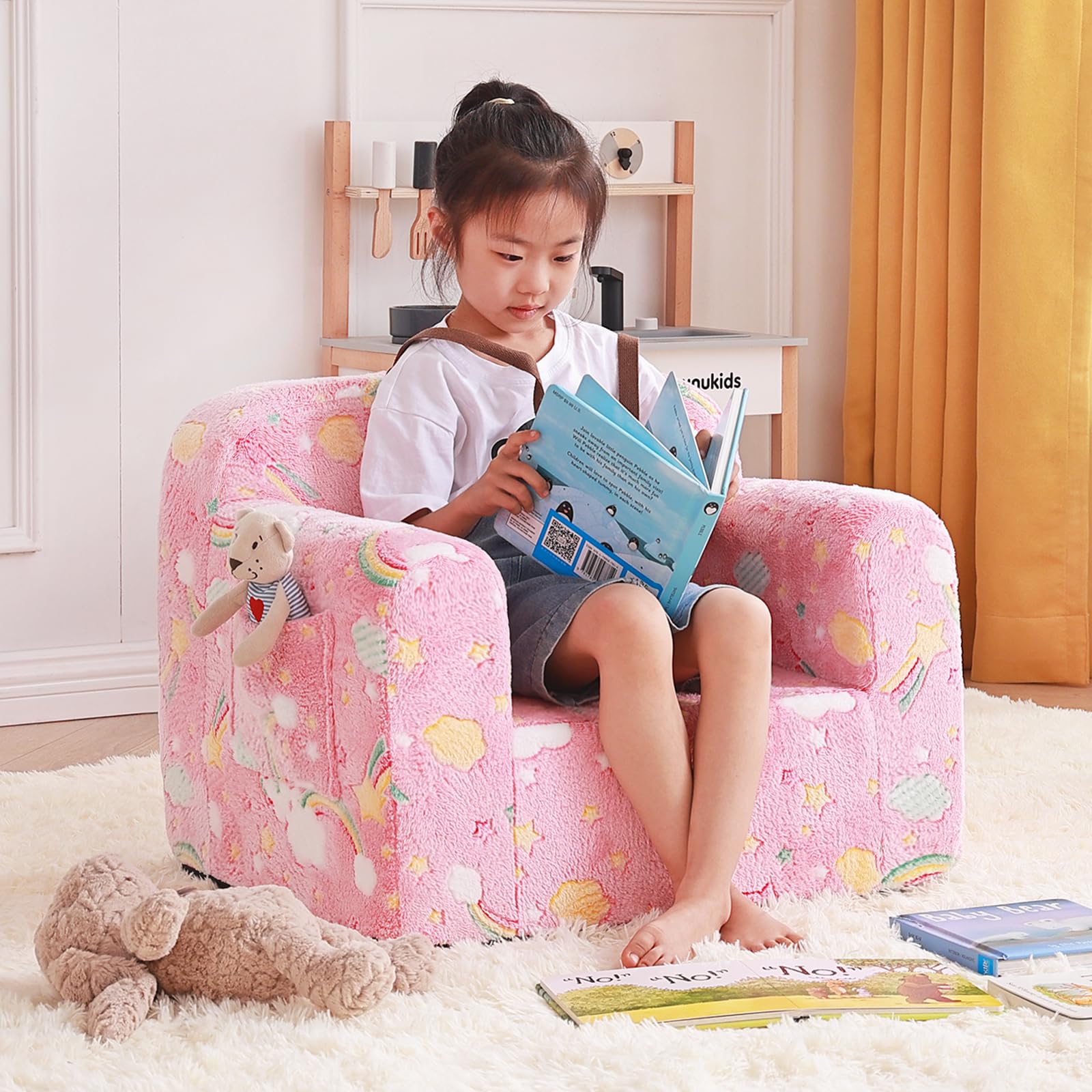 Tiita Kids Sofa, Children Couch with Carrying Handle & Side Pockets, Kids Foam Chair, Toddler Armrest Chair, Lightweight Children Sofa Chair, Kids Read Sofa for Girl or Boy(Pink Rainbow)