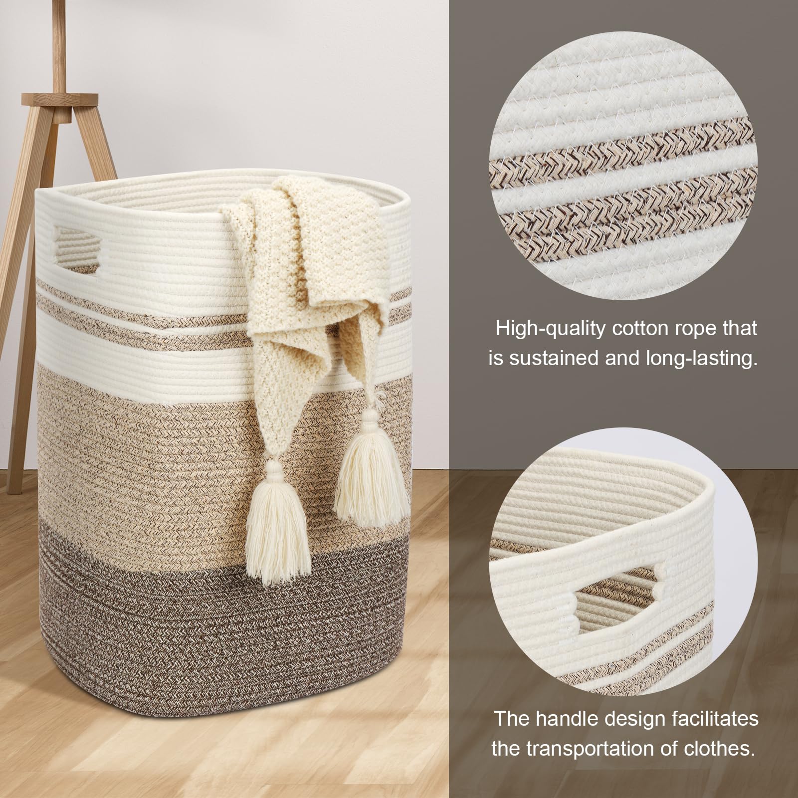 Fixwal Laundry Basket, 75L Rope Basket, 16x13x22 Inches Storage Baskets, Large Woven Laundry Hamper for Living Room, Toys, Towels, Clothes Baby Nursery Bin, Gradient Brown