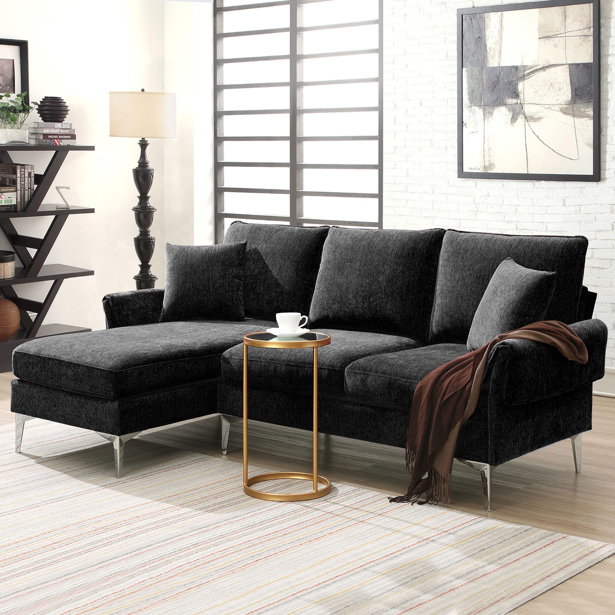 Bellemave L Shaped Sectional Sofa Couch with Reversible Chaise, Small Couches for Living Room, Mid Century Modern Convertible Modular Sectional Sofa Set with 2 Pillows, Apartment Furniture, Black