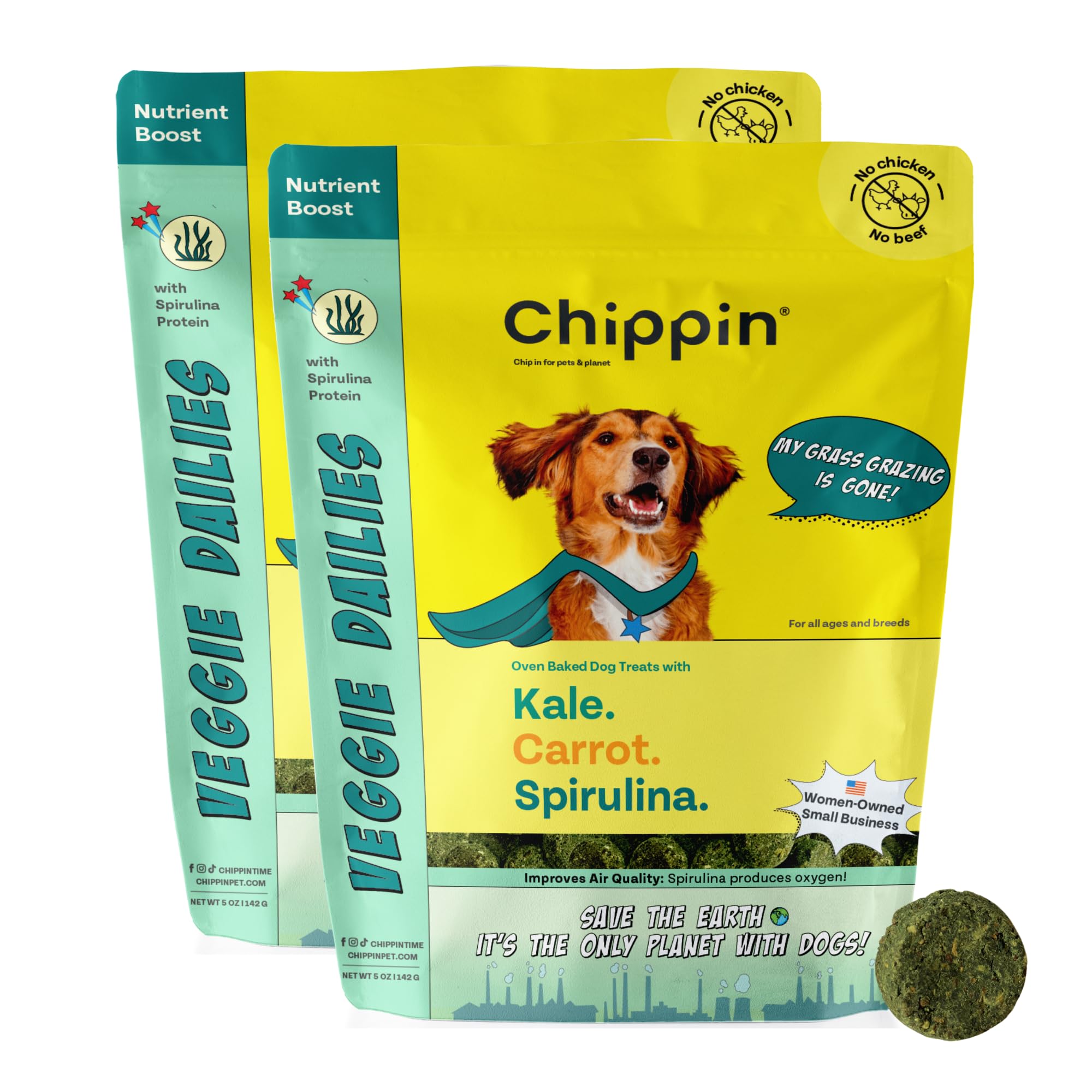 Chippin Plant-Based Spirulina Healthy Supplement & Dog Treat (5oz, 2-Pack) | Stop Grass Eating | Hypoallergenic, Chicken-Free Vegan Protein | Made in USA