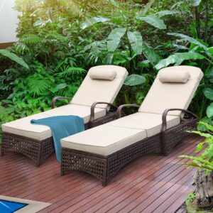 noblemood chaise lounge outdoor wicker lounge chair with wheels, adjustable 6 position pool reclining chair with gray thickened fabric cushion & pillow, pack of 2