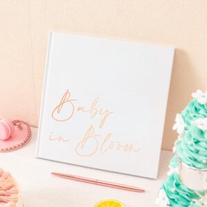 Calculs Baby in Bloom Picture Book Polaroid Baby Shower Guest Book Babies Scrapbook, White Cover, Rose Gold Foil Stamping, Blank White Pages