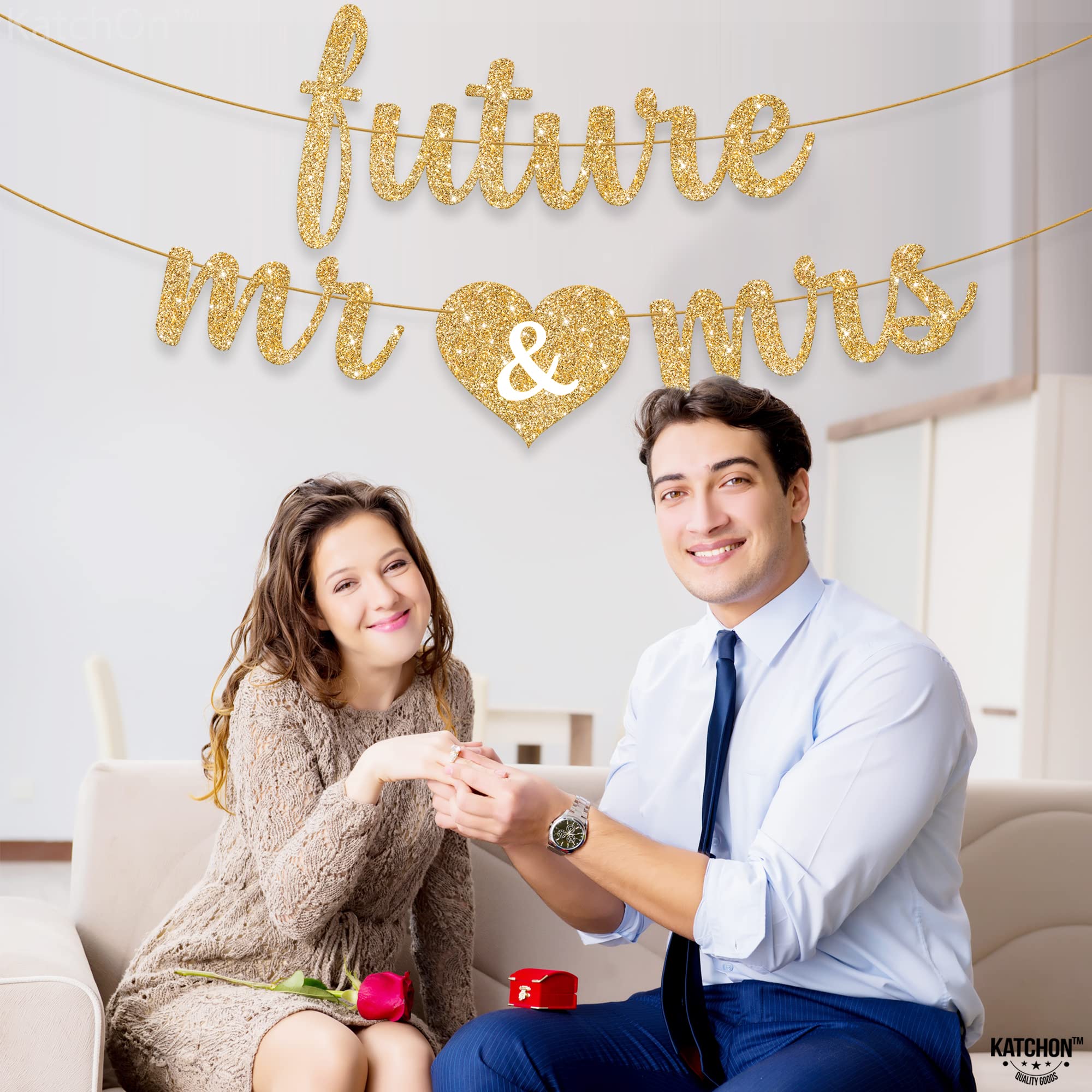 KatchOn, Gold Glitter Future Mr & Mrs Banner - 10 Feet, Pre-Strung, No DIY | Future Mr and Mrs Banner | Engagement Party Decorations | Bachelorette Party Decorations, Bridal Shower Decorations