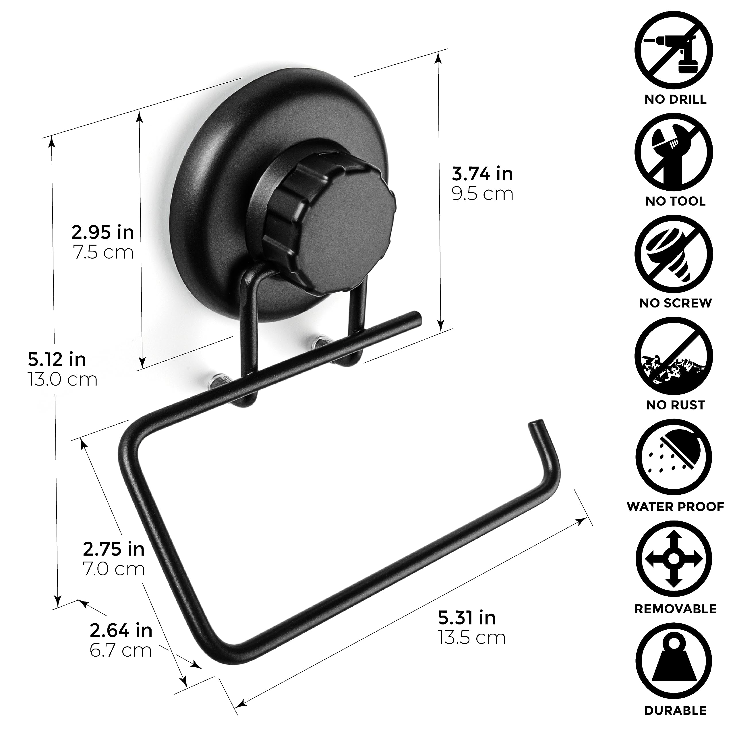 HASKO accessories - Powerful Vacuum Suction Cup Toilet Paper Holder – Wall Mount No Drilling Bathroom Stainless Steel Tissue Roll Dispenser – Adhesive 3M Stick Disc Included (Black)