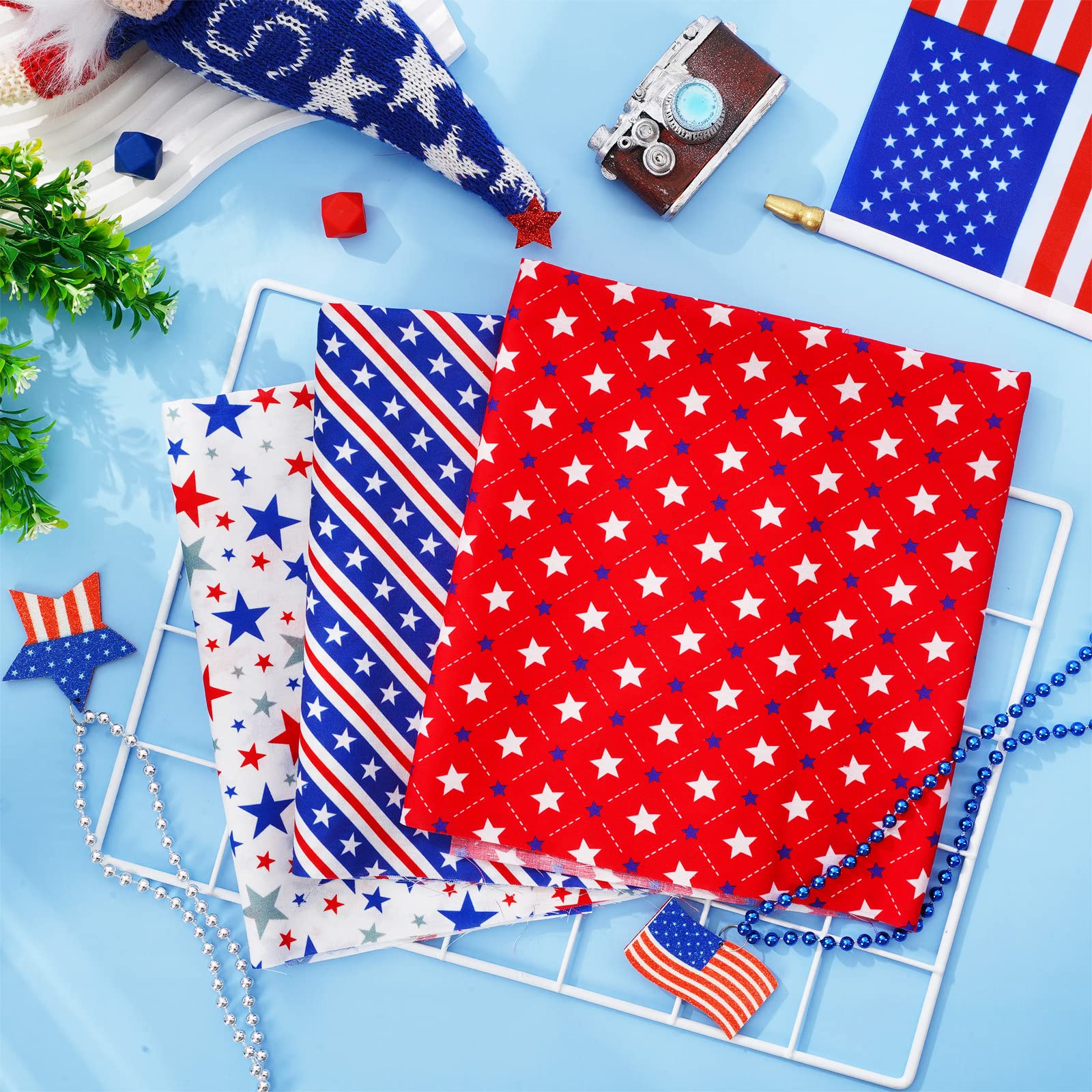 Whaline 12Pcs Patriotic Cotton Fabric Bundles 18 x 22 Inch Star Firework Fat Quarters 4th of July Quilting Patchwork Squares Independence Day Sewing Fabrics for DIY Handmade Crafting Home Party Decor