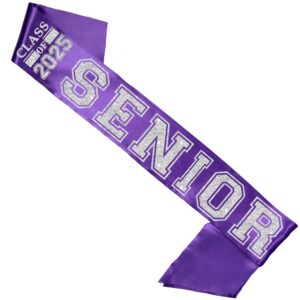 Senior Sash 2025 - Silver Sparkle Class of 2025 Senior Purple Premium Grade Satin Sash - High School Graduation Gifts - Purple Sash (ClsOf25) SLV/Pur