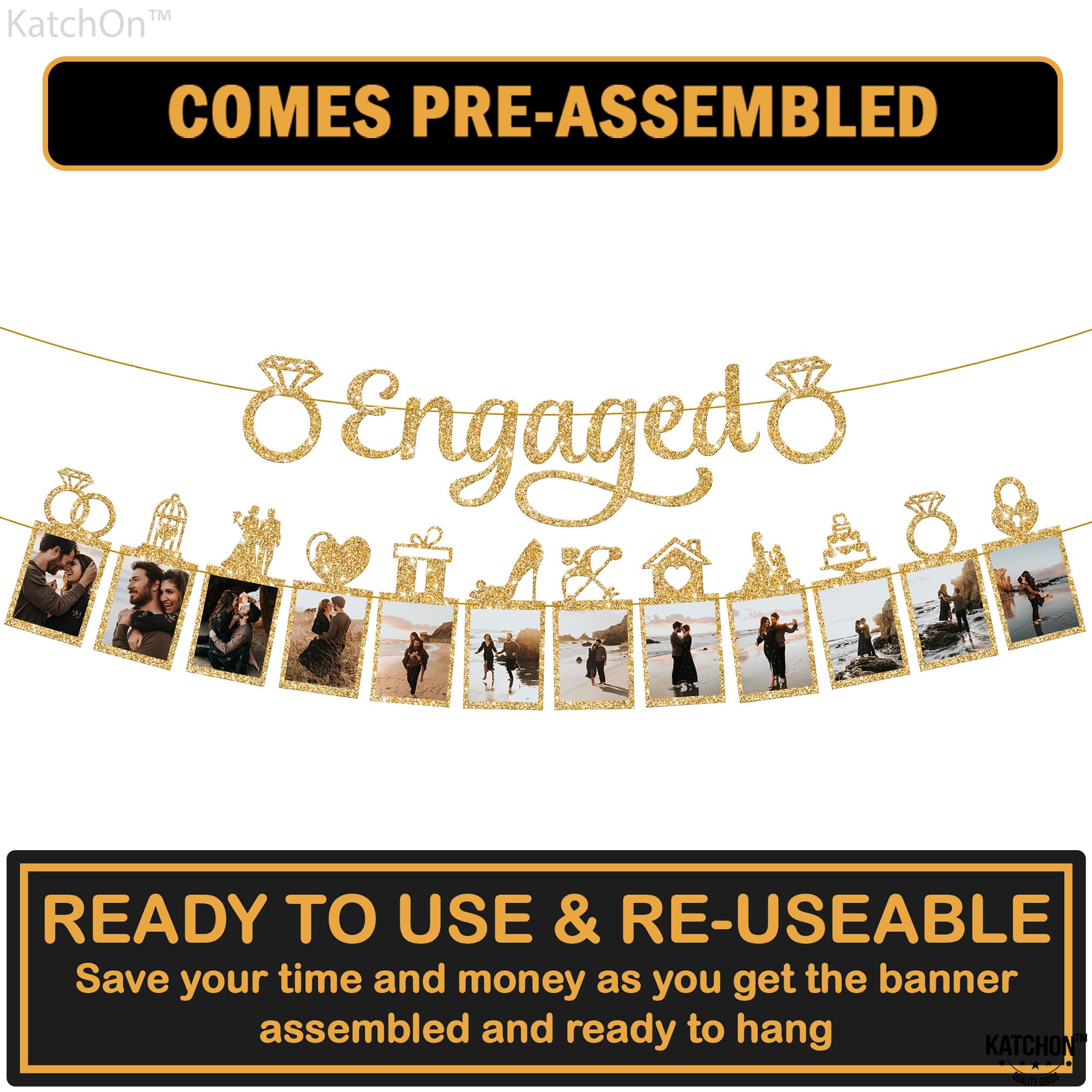 KatchOn, Gold Glitter Engaged Photo Banner - 2 String, 10 Feet, No DIY | Gold Engagement Party Decorations | Engagement Photo Banner for Bachelorette Party Decorations | She Said Yes Decorations