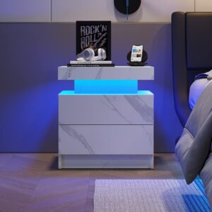 DobleCliCli LED Nightstands, Modern End Side Table with 2 Drawers, LED Bedroom Furniture for Bedroom and Living Room, White Marble Pattern