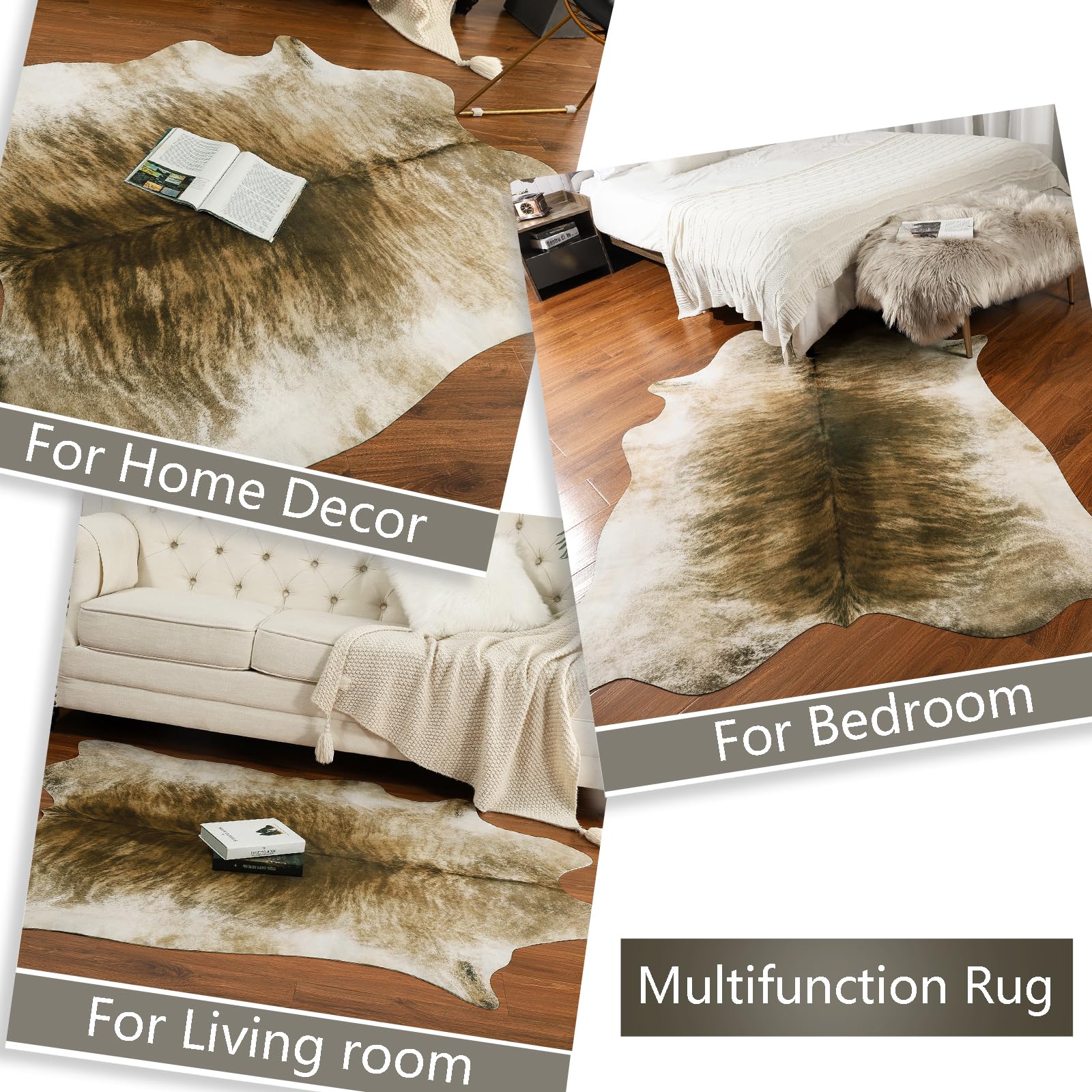 AROGAN Western Decor Faux Fur Cowhide Rug, 4.6 x 5.2 Feet Premium Animal Skin Cow Hide Rug, Sturdy Cow Print Rugs for Wall Decor, Western Floor Carpet for Bedroom Living Room, Brownish