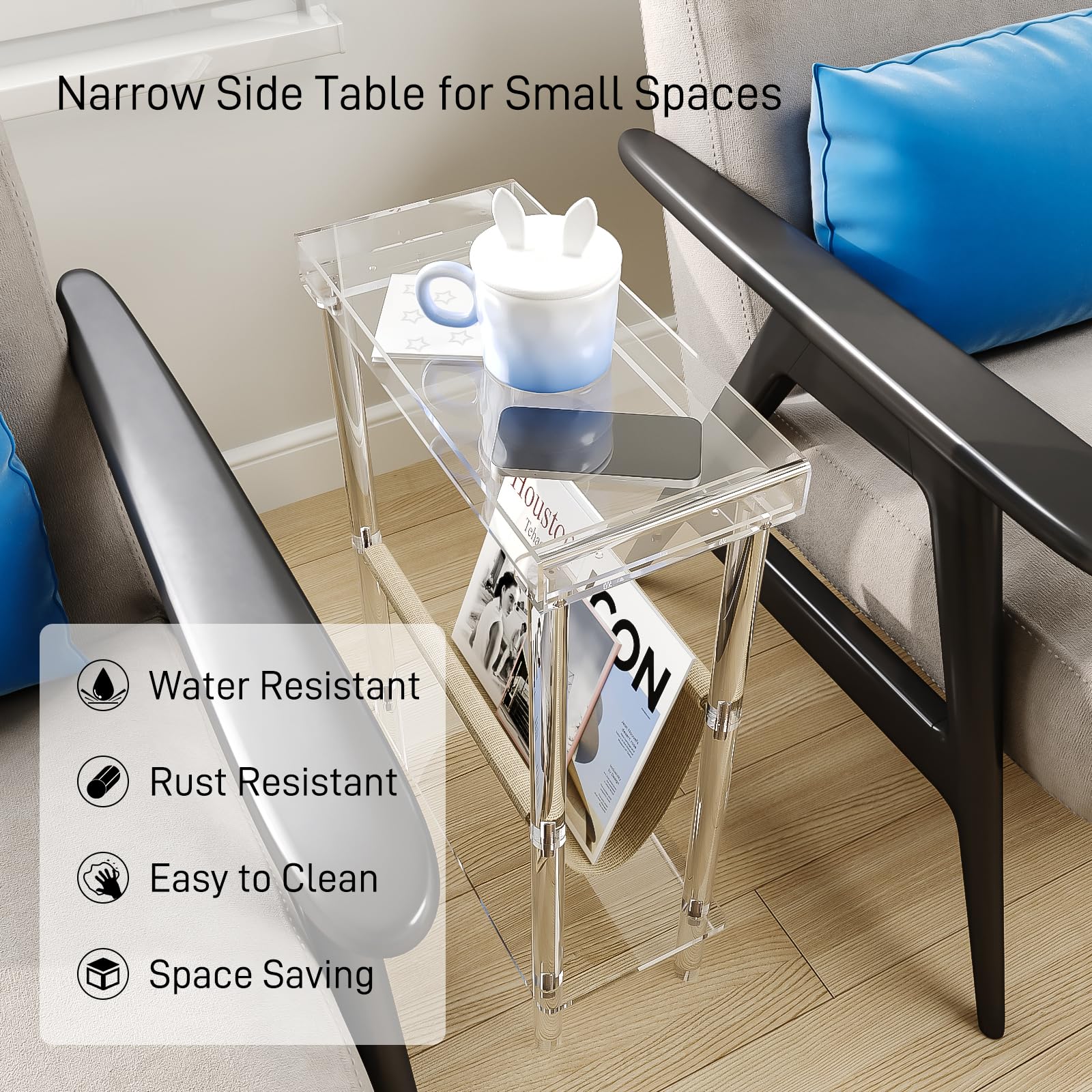 Eglaf Acrylic Narrow Side Table for Small Spaces - Slim End Table with Magazine Holder - Skinny Side Table Small Bedside Table Nightstand for Living Room Bedroom- 15.7” L x 7” W x 23.9” H, Clear