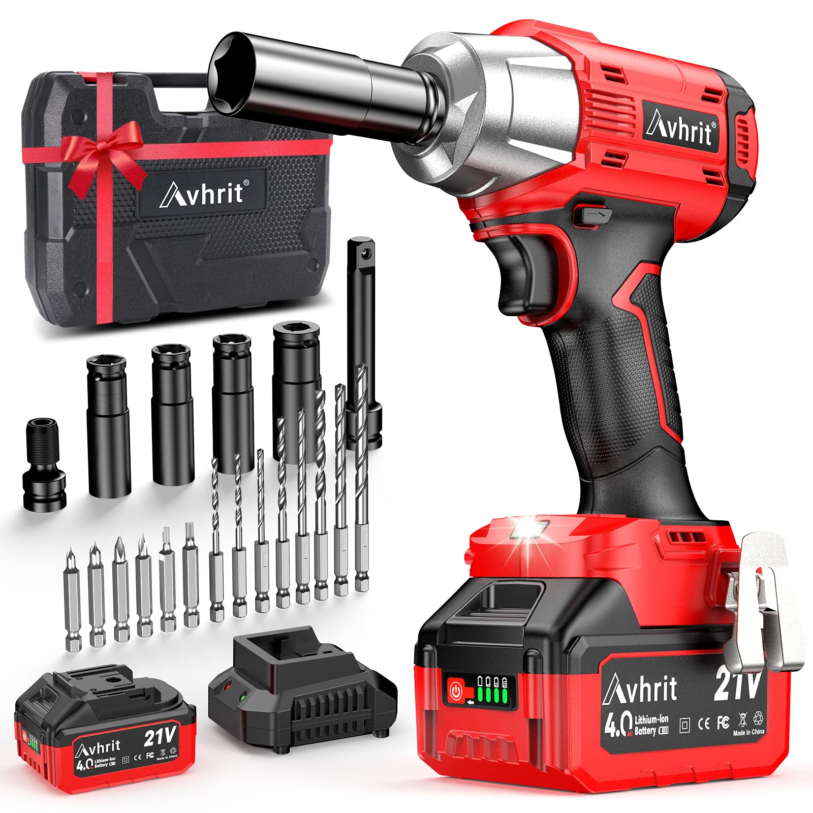 Cordless Impact Wrench 1/2 inch, 480Ft-lbs (650Nm) Brushless Power Impact Gun 1/2 drive w/ 4.0Ah Battery, 4 Sockets, 6 Screwdriver Bits, Fast Charger, Electric Impact Wrench for Car Tire