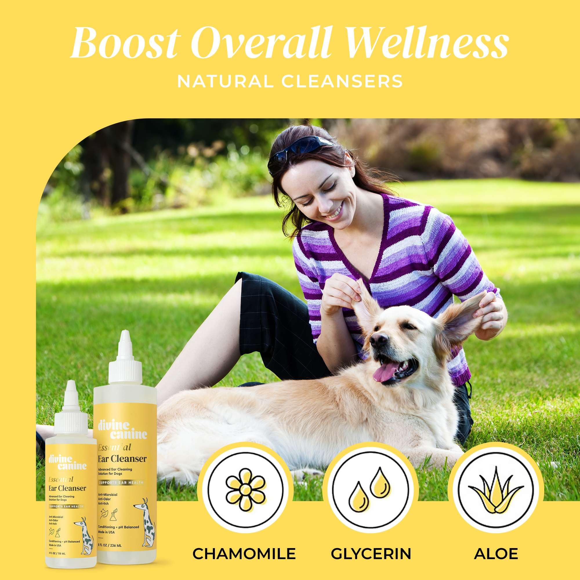 Divine Canine Dog Ear Cleaner - 8 Fl Oz of Dog Ear Wash - Dog Ear Drops to Dissolve Wax, Combat Odor, and Support Healthy Ears - Made with Chamomile, Honey, and Aloe - Made in The USA