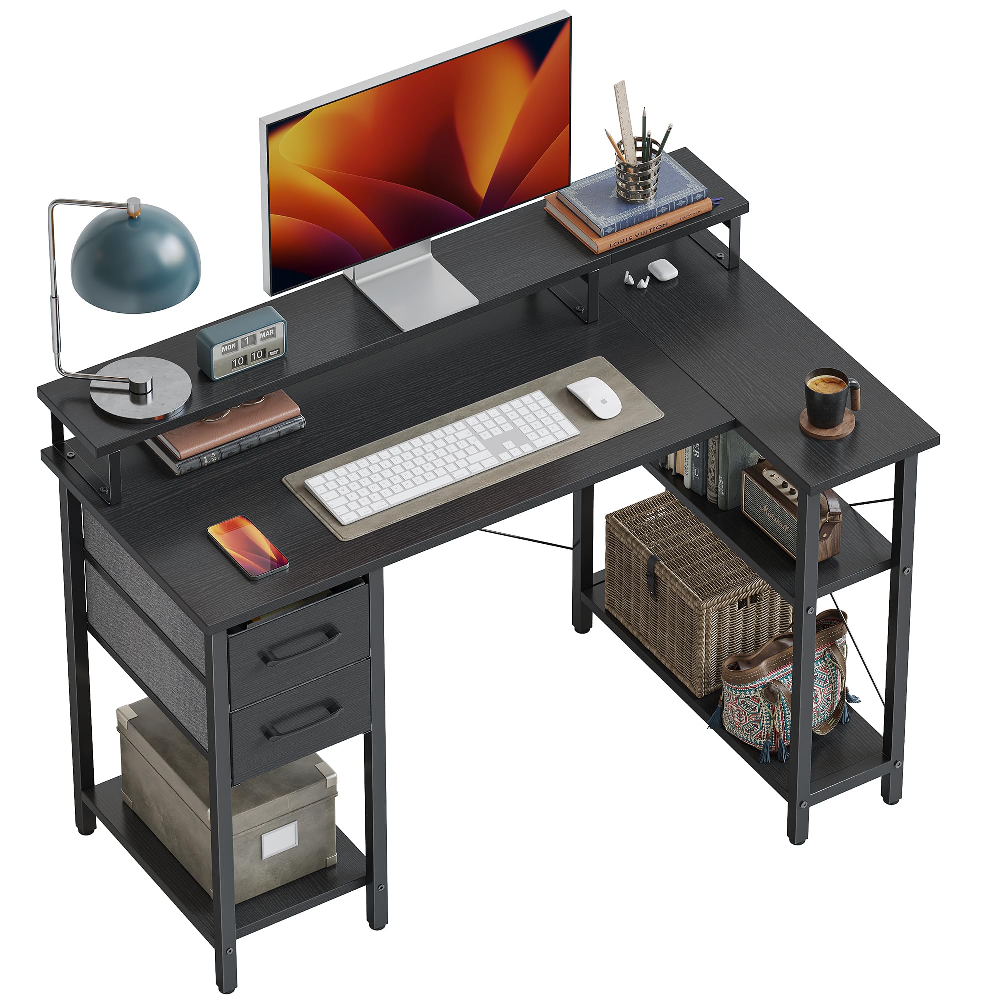 CubiCubi L Shaped Computer Desk with Monitor Stand & Shelves, 47 Inch Corner Home Office Desk Writing Table with Storage Drawer, Brown