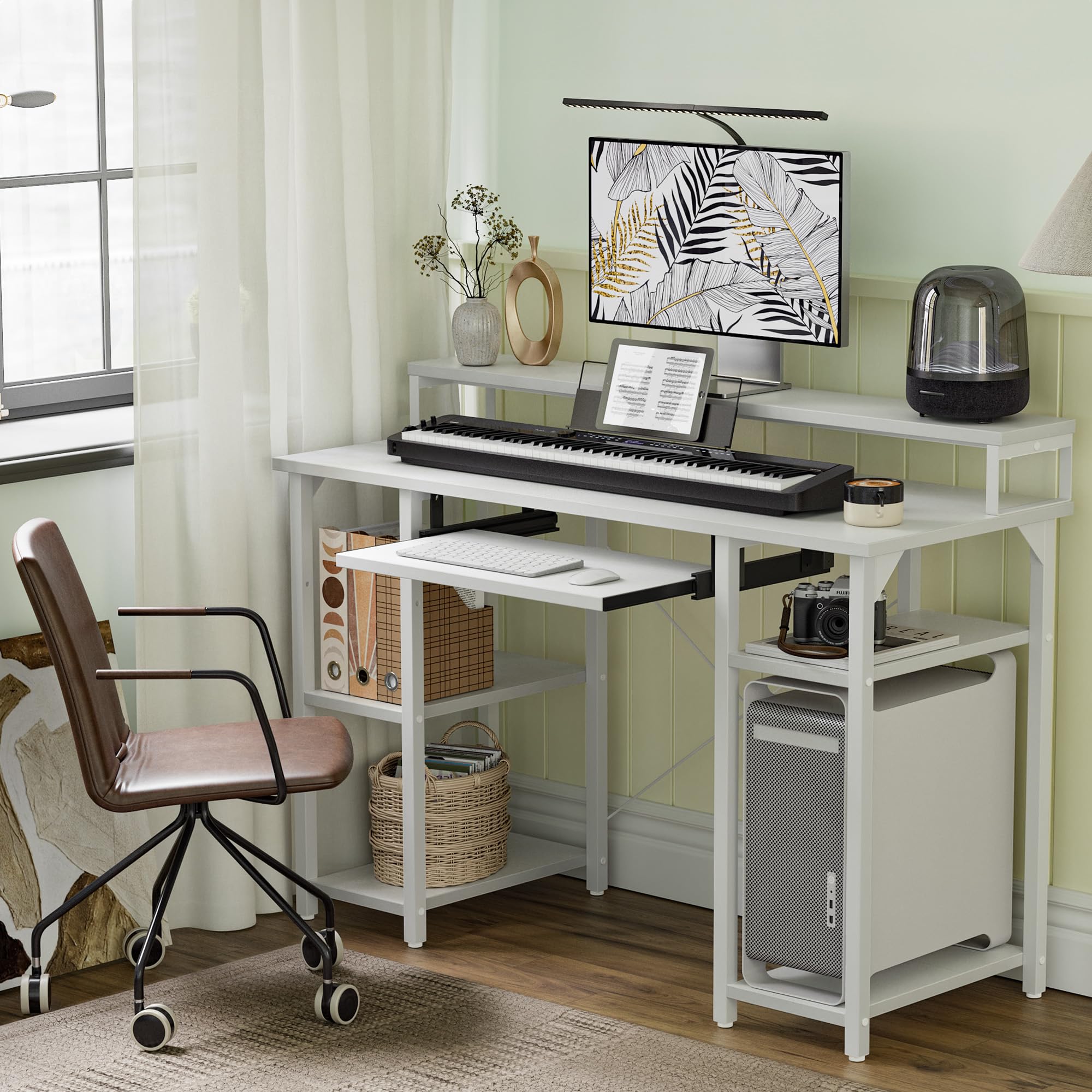 CubiCubi Computer Desk with Keyboard Tray, 47 Inch Office Desk with Monitor Stand and Storage Shelves, Music Studio Desk, Work Table Gaming Desk, White