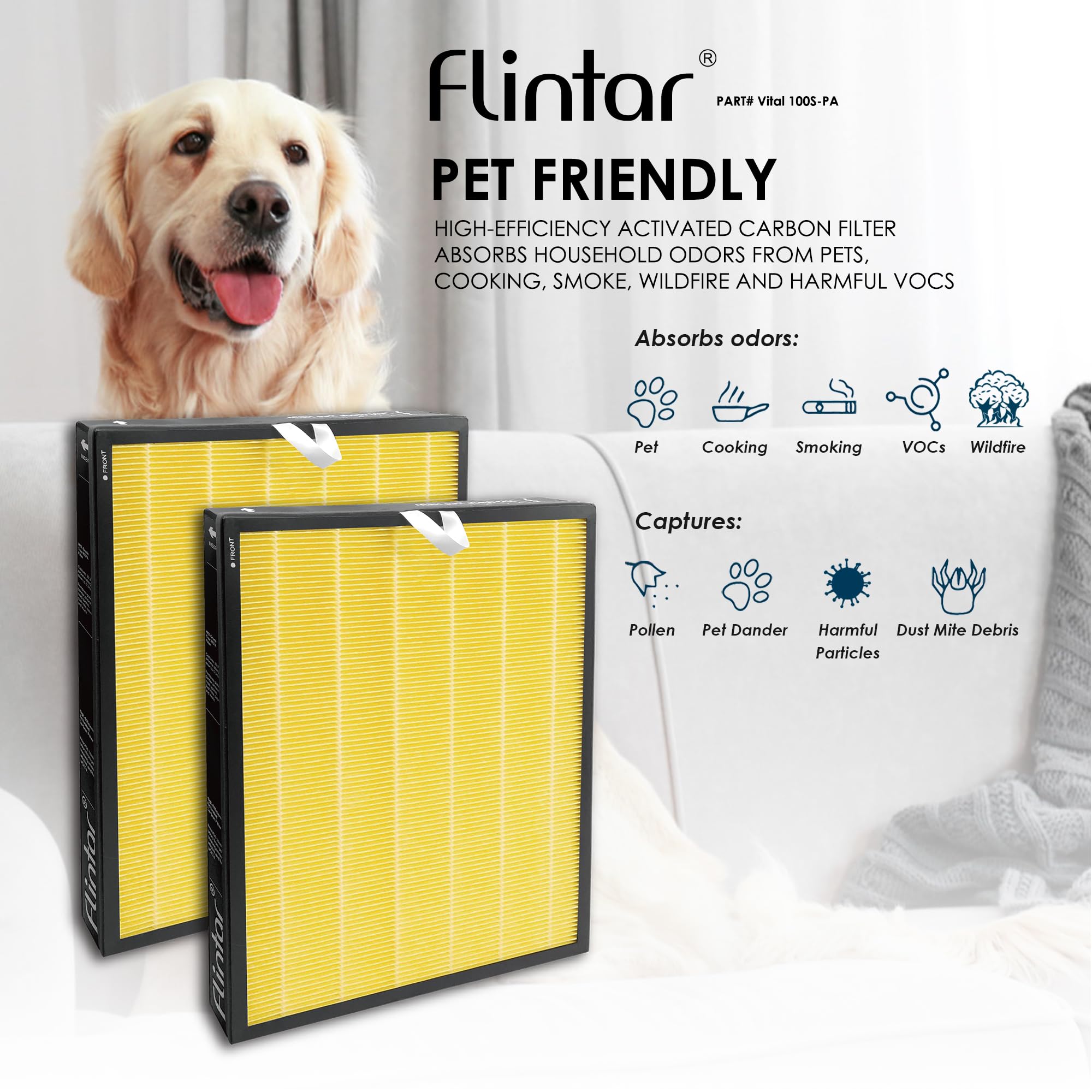 Flintar Vital 100S Pet Allergy Replacement Filter, Compatible with LEVOIT Vital 100S Air Purifier, H13 True HEPA + Activated Carbon Replacement filter, Part # Vital 100S-RF-PA, 2-Pack