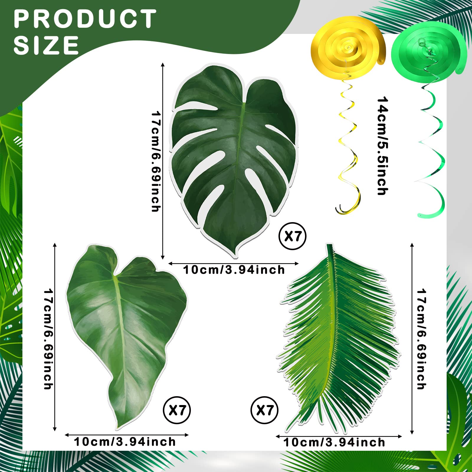 Geyee 51 Pcs Hawaiian Luau Party Palm Leaves Swirl Decorations Green Palm Leaves Hanging Decoration Ceiling Tropical Safari Jungle Party Decor for Summer Beach Baby Shower Birthday Supplies