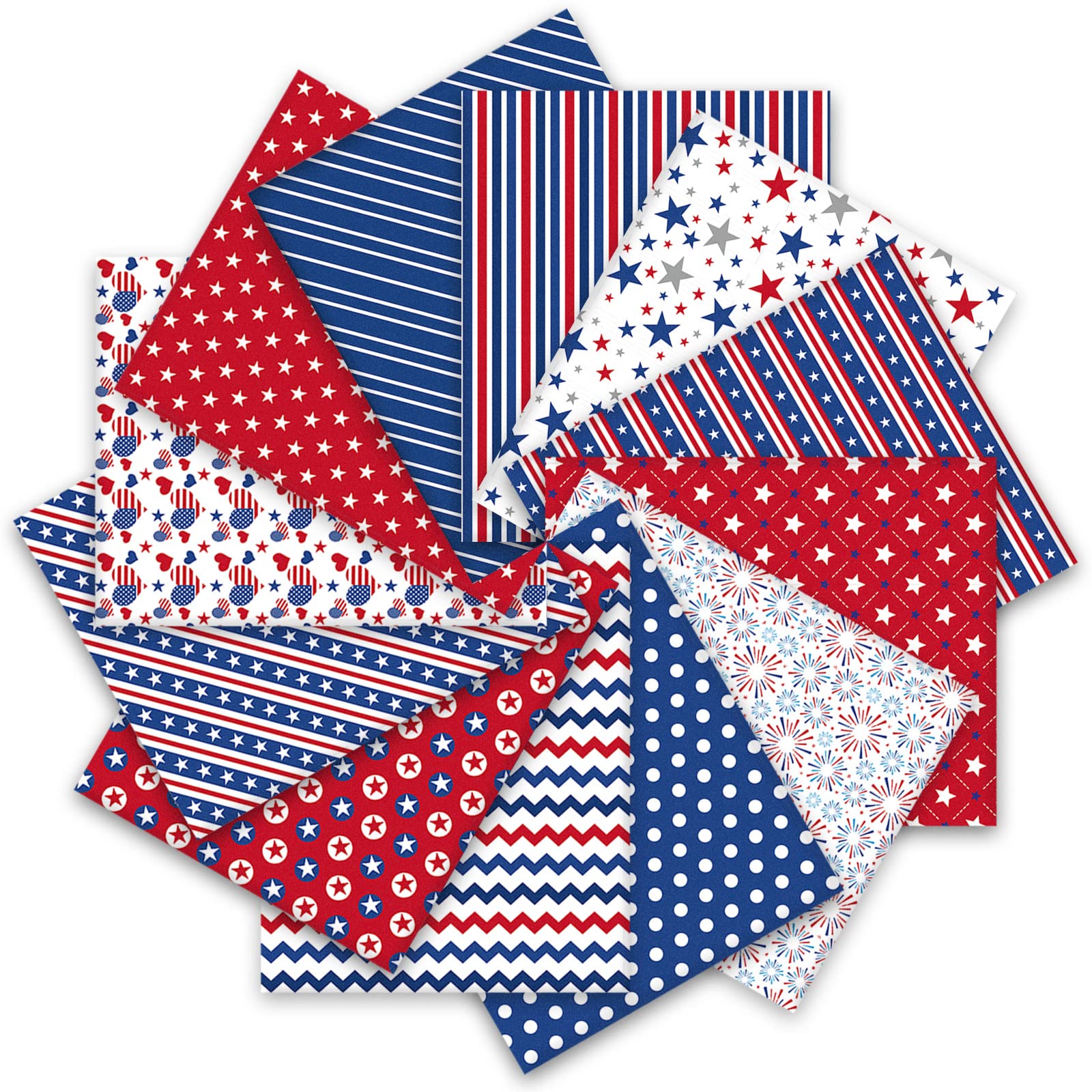 Whaline 12Pcs Patriotic Cotton Fabric Bundles 18 x 22 Inch Star Firework Fat Quarters 4th of July Quilting Patchwork Squares Independence Day Sewing Fabrics for DIY Handmade Crafting Home Party Decor