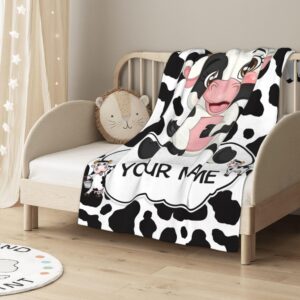 BLYIUKR Personalized Cow Print Blanket for Baby Kids with Name, Custom Cow Print Stuff Bedding Decor Sofa Cow Throw Blankets for Girls Boys Daughter Christmas Birthday Gifts