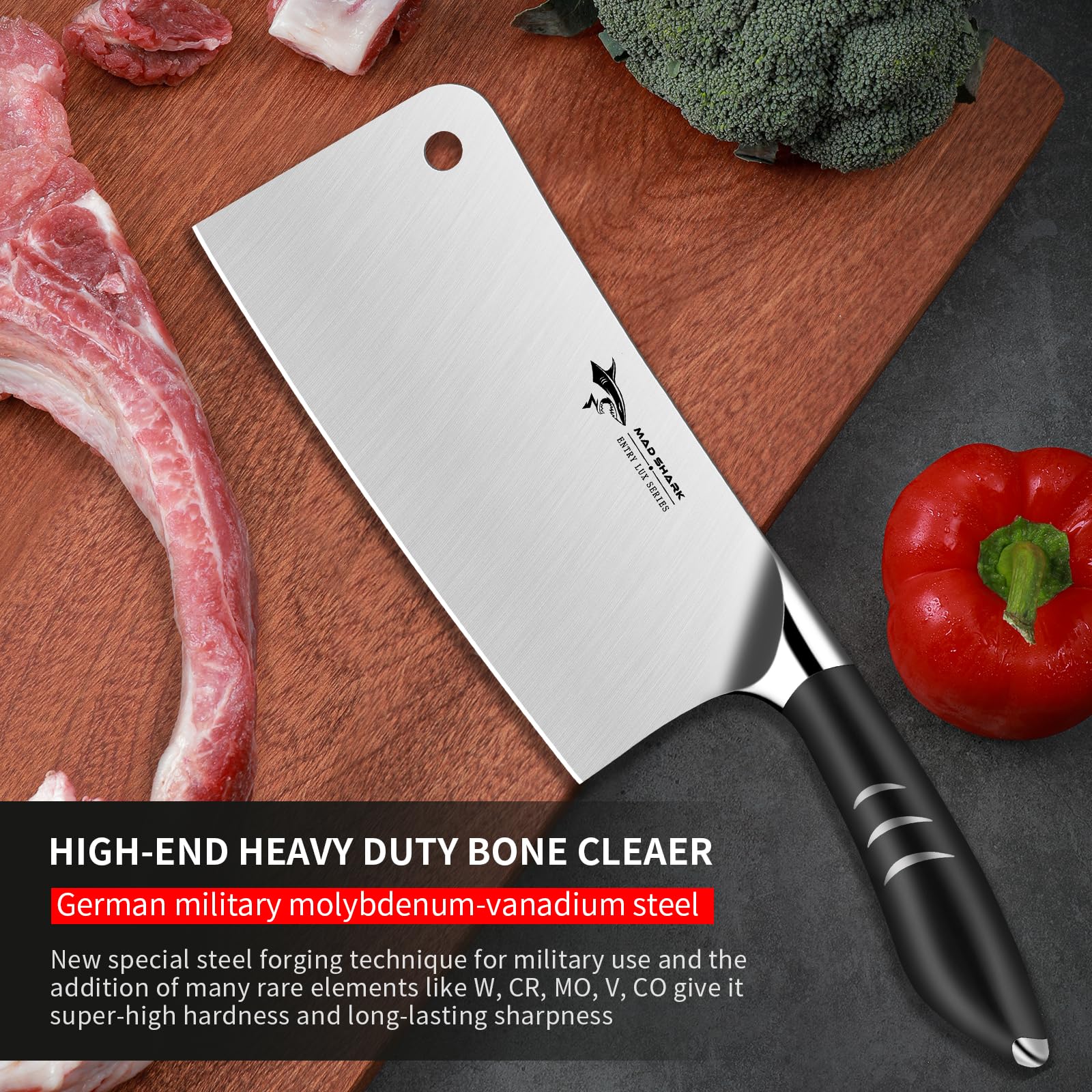 MAD SHARK High-end Meat Cleaver Knife 7.5 Inch, Best Professional Heavy Duty Bone Chopper, Butcher Knife for Meat Cutting, Chopping Knife, Bone Cutting Knife, Meat Bone Cutter, Chinese Cleaver Knife