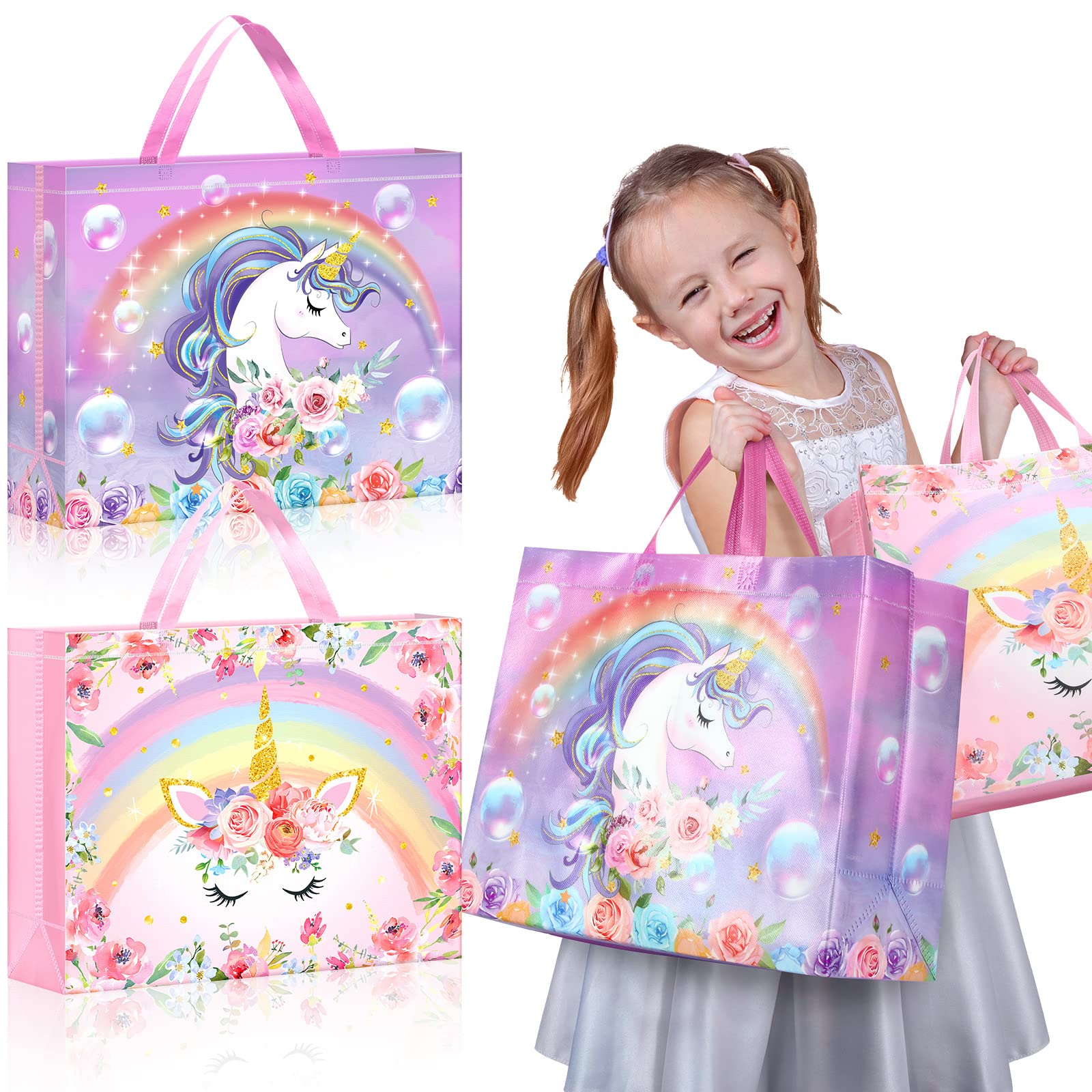 Sweetude 6 Pcs Unicorn Large Gift Bags 16inch Birthday Tote Bag with Handles Reusable Non Woven Shopping Bag for Party Favor(Unicorn)