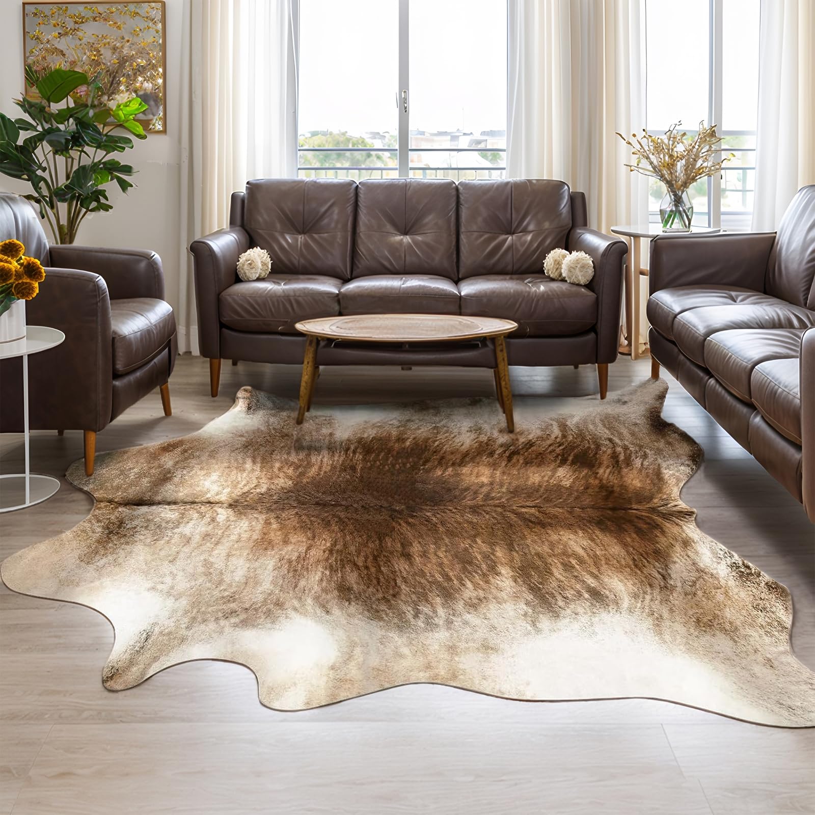 AROGAN Western Decor Faux Fur Cowhide Rug, 4.6 x 5.2 Feet Premium Animal Skin Cow Hide Rug, Sturdy Cow Print Rugs for Wall Decor, Western Floor Carpet for Bedroom Living Room, Brownish