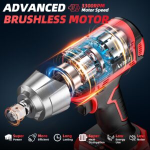 Cordless Impact Wrench 1/2 inch, 480Ft-lbs (650Nm) Brushless Power Impact Gun 1/2 drive w/ 4.0Ah Battery, 4 Sockets, 6 Screwdriver Bits, Fast Charger, Electric Impact Wrench for Car Tire