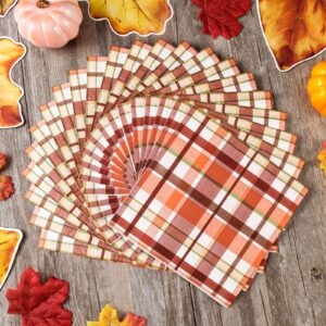 ​Quera 50 Pack Fall Paper Napkins Pumpkin Spice Plaid Autumn Cocktail Napkins Thanksgiving Party Supplies Disposable Bar Napkins for Thanksgiving Party, Engagement, Baby Shower, Celebration Party