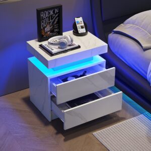 DobleCliCli LED Nightstands, Modern End Side Table with 2 Drawers, LED Bedroom Furniture for Bedroom and Living Room, White Marble Pattern