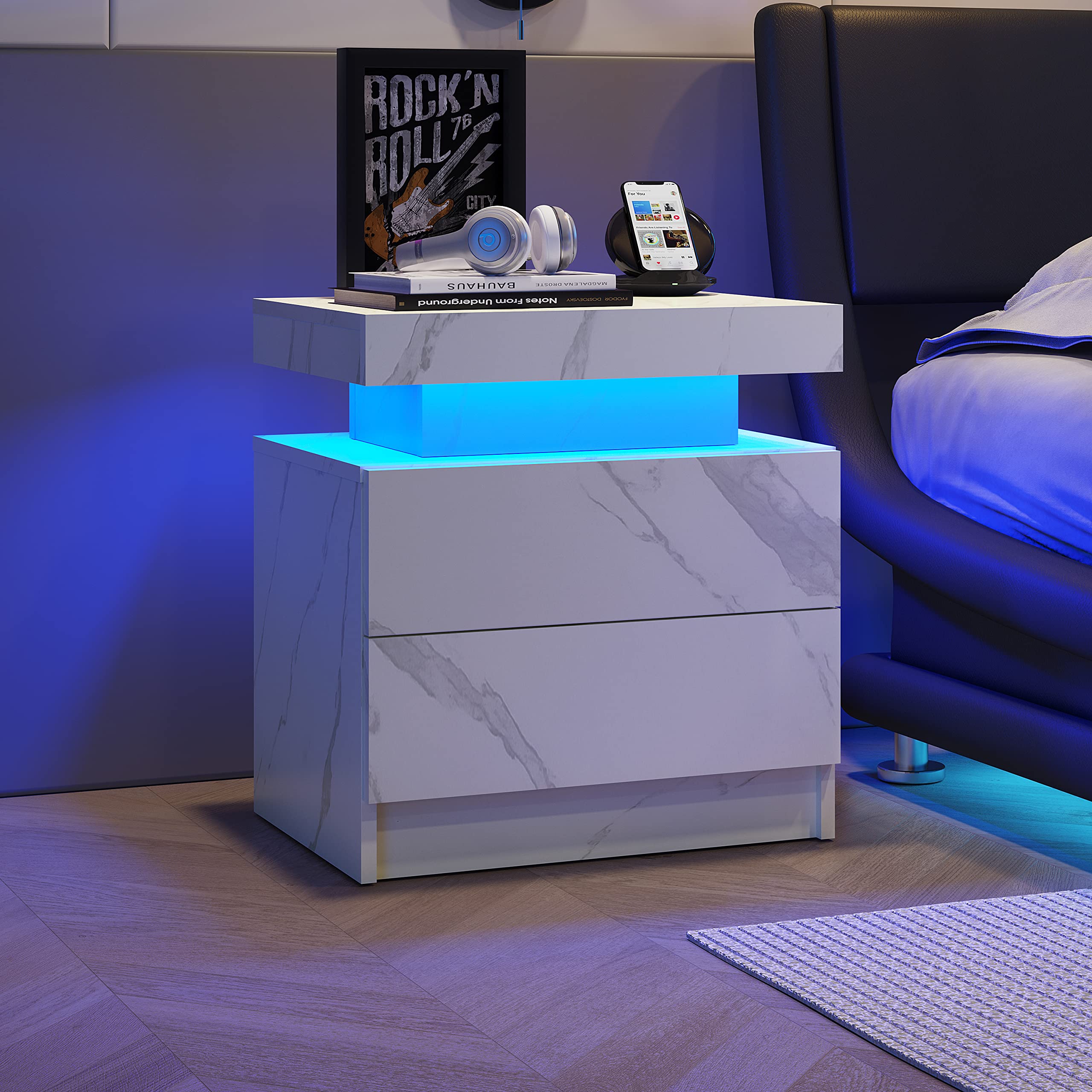 DobleCliCli LED Nightstands, Modern End Side Table with 2 Drawers, LED Bedroom Furniture for Bedroom and Living Room, White Marble Pattern