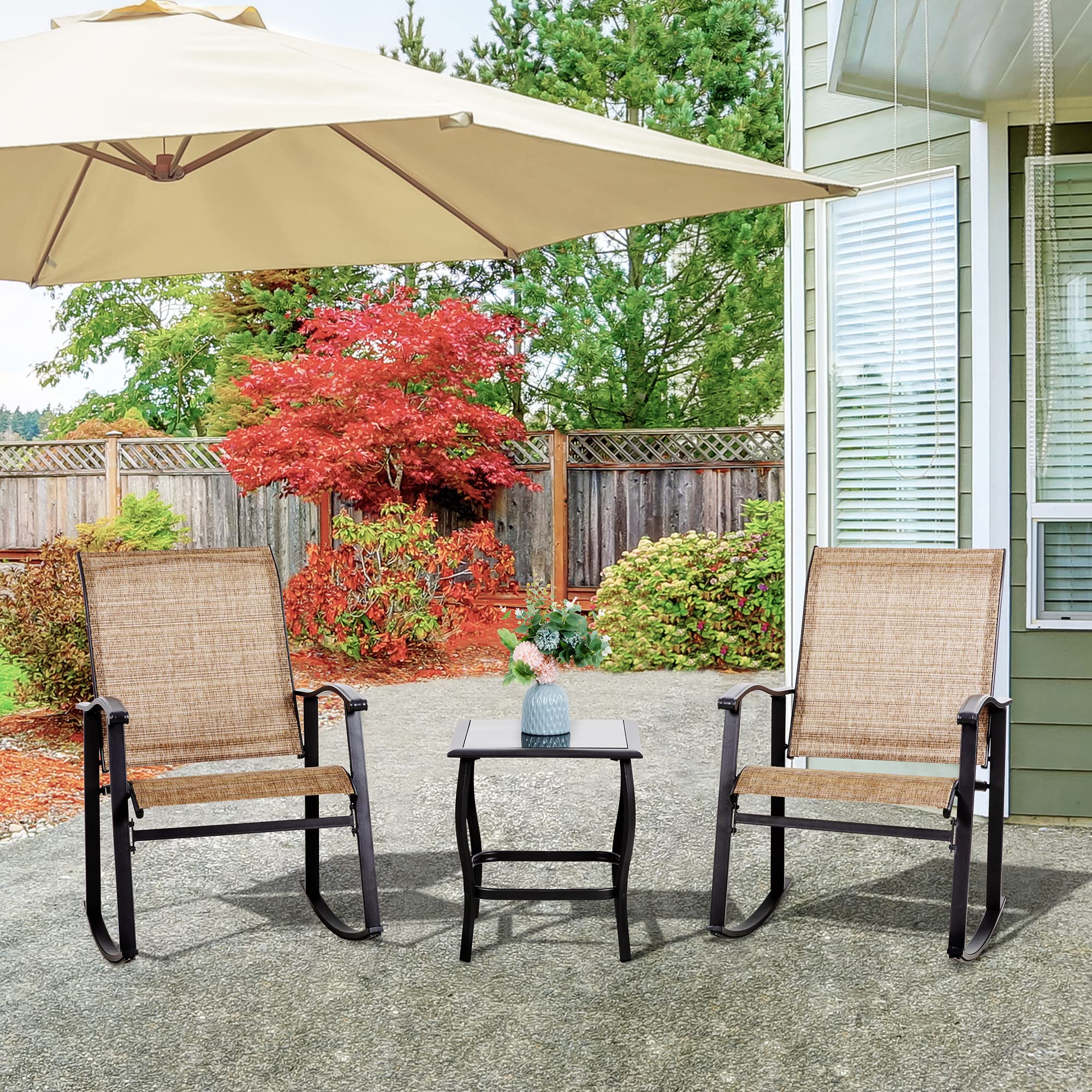 Vongrasig 3 Piece Outdoor Rocking Bistro Set, Textilene Fabric Small Patio Furniture Set, Front Porch Rocker Chairs Conversation Set with Glass Table for Lawn, Garden, Balcony, Poolside (Brown)